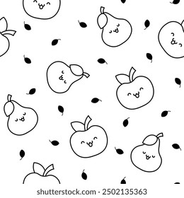 Kawaii cartoon farm characters. Seamless pattern. Coloring Page. Cute animals, nature, vegetables, fruits, flowers. Hand drawn style. Vector drawing. Design ornaments.