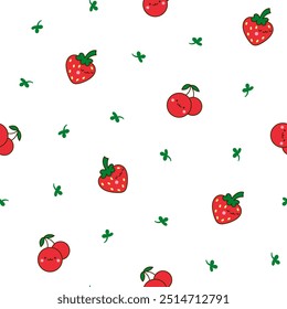Kawaii cartoon farm characters. Seamless pattern. Cute animals, nature, vegetables, fruits, flowers. Hand drawn style. Vector drawing. Design ornaments.