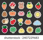Kawaii cartoon farm characters. Sticker Bookmark. Cute animals, nature, vegetables, fruits, flowers. Hand drawn style. Vector drawing. Collection of design elements.