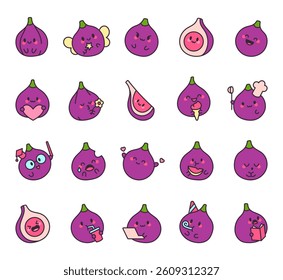 Kawaii cartoon fig characters in outline cute expressive style with emotions activities objects gestures food and seasonal holiday elements
