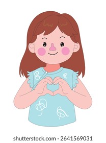 Kawaii cartoon girl character with brown hair wearing a blue shirt, smiling and making a heart shape with her hands. Ideal for children’s themes, love concept, or emotional content.