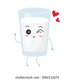 Kawaii cartoon of a glass of milk. Character of cute milk in the glass. chibi mascot. Illustration emoji milk in various expression. lovely wink and happy