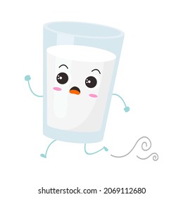 Kawaii cartoon of a glass of milk. Character of cute milk in the glass. chibi mascot. Illustration emoji milk in various expression. panic run