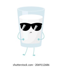 Kawaii cartoon of a glass of milk. Character of cute milk in the glass. chibi mascot. Illustration emoji milk in various expression. cool style with sunglasses