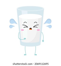 Kawaii cartoon of a glass of milk. Character of cute milk in the glass. chibi mascot. Illustration emoji milk in various expression. cry, crying, sad