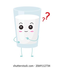 Kawaii cartoon of a glass of milk. Character of cute milk in the glass. chibi mascot. Illustration emoji milk in various expression. curious, ask, asking, question