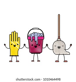 kawaii cartoon glove and bucket with soapy water and mop holding hands in colored crayon silhouette