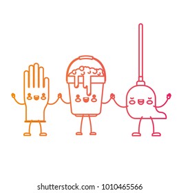 kawaii cartoon glove and bucket with soapy water and mop holding hands in degraded yellow to magenta silhouette