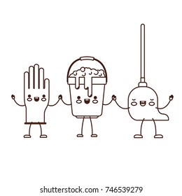 kawaii cartoon glove and bucket with soapy water and mop holding hands in brown silhouette vector illustration