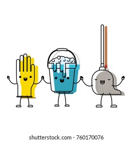 kawaii cartoon glove and bucket with soapy water and mop holding hands in colorful watercolor silhouette