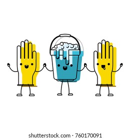 kawaii cartoon gloves and bucket with soapy water holding hands in colorful watercolor silhouette