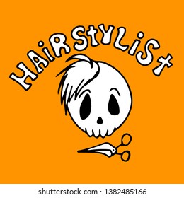 Kawaii cartoon hairstylist skull logo icon