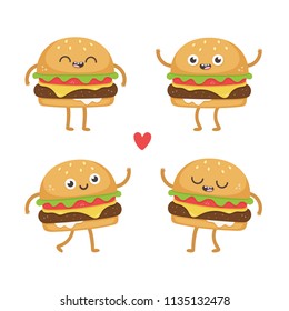 Kawaii cartoon hamburger. Cute characters vector illustrations