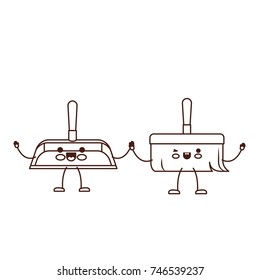 kawaii cartoon hand broom and hand dustpan holding hands in brown silhouette vector illustration