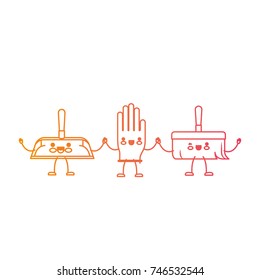 kawaii cartoon hand broom and glove and hand dustpan holding hands in degraded yellow to magenta silhouette vector illustration