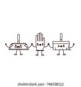 kawaii cartoon hand broom and glove and hand dustpan holding hands in brown silhouette vector illustration