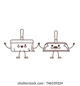 kawaii cartoon hand dustpan and hand broom holding hands in brown silhouette vector illustration