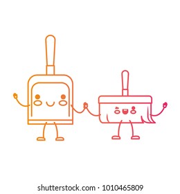 kawaii cartoon hand dustpan top view and hand broom holding hand in degraded yellow to magenta silhouette