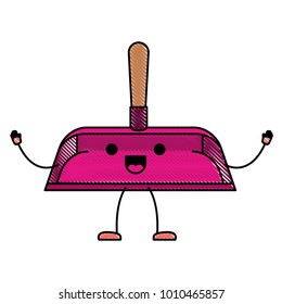 kawaii cartoon hand dustpan with wooden stick in colored crayon silhouette
