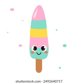 Kawaii cartoon ice cream character isolated on white background. Funny cute vector food illustration for kids textile logo or printing on any surface. Sweet food sugar and tasty desert
