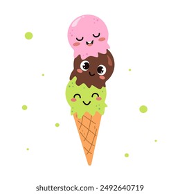 Kawaii cartoon ice cream character isolated on white background. Funny cute vector food illustration for kids textile logo or printing on any surface. Sweet food sugar and tasty desert