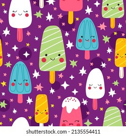 Kawaii cartoon ice cream seamless pattern with funny food popsicle characters drawn in doodle style. Kids print on dark violet  background for kids textile or wrapping paper