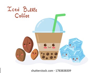 Kawaii cartoon Iced Coffee with Bubbles characters with funny faces. Cute happy & funny ice cubes, coffee beans mascot vector illustration isolated on white. Kids menu design concept. Smiling food.