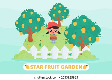 Kawaii Cartoon illustration of cute little girl in farmer uniform harvesting star fruit in the garden with holding box full of fruits. Suitable for children content illustration and farming product