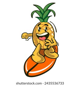 Kawaii cartoon illustration of a cute pineapple character surfing