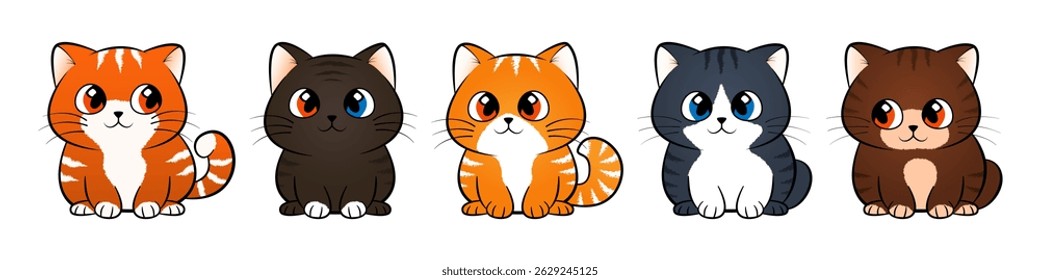 Kawaii cartoon kittens set. Cute colorful cats with funny faces and colored eyes for bright childrens design
