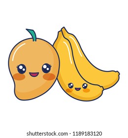 kawaii cartoon mango and bananas fruits