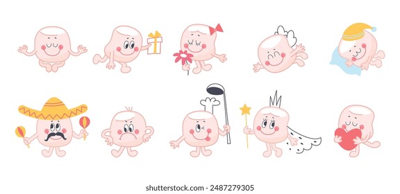 Kawaii cartoon marshmallows. Sweet marshmallow dreaming flying meditation. Cute children mascots different poses. Princess and angel, nowaday vector set