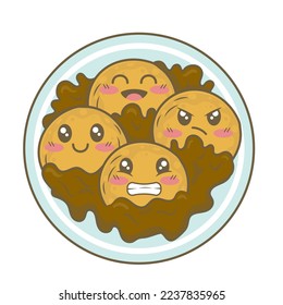 Kawaii cartoon mexican dessert Sopapiillas fried pumpkin tortillas with chocolate sauce isolated on white background