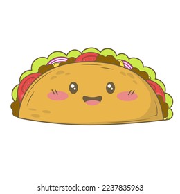 Kawaii cartoon mexican dish taco corn tortilla with vegetables and minced meat isolated on white background