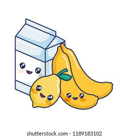 kawaii cartoon milk box lemon and bananas