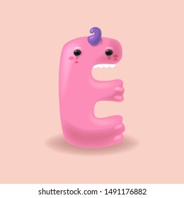 Kawaii cartoon monster letter E. 3D alphabet for invitation card on children party celebration