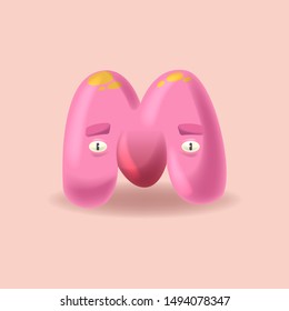 Kawaii cartoon monster letter M. 3D alphabet for invitation card on children party celebration