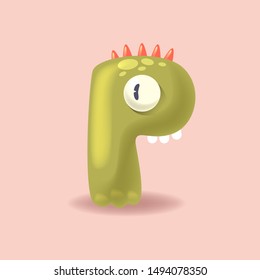 Kawaii cartoon monster letter P. 3D alphabet for invitation card on children party celebration
