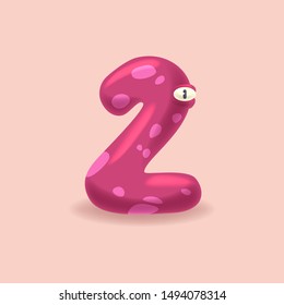 Kawaii cartoon monster number two. 3D alphabet for invitation card on children party celebration