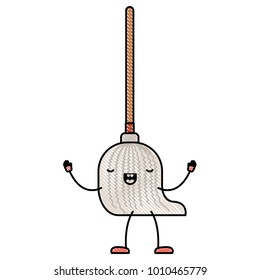 kawaii cartoon mop with wooden stick in colored crayon silhouette