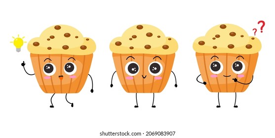 Kawaii-Cartoon mit Muffin-Charakter.   süßer Nachtisch. Illustration Emoji muffin im flachen Stil. Sammlung süßer Ausdrucke. Triole 3