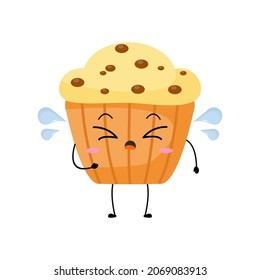 Kawaii cartoon of muffin character.   sweet dessert. Illustration emoji muffin in flat style. cry, sad