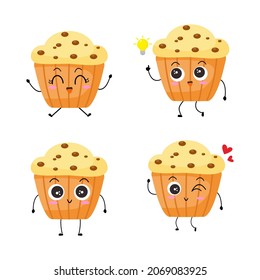 Kawaii-Cartoon mit Muffin-Charakter.   süßer Nachtisch. Illustration Emoji muffin im flachen Stil. Kollektion süßer Ausdrücke 