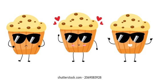 Kawaii cartoon of muffin character.   sweet dessert. Illustration emoji muffin in flat style. collection of cute expression. triplet 1