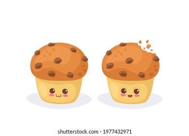 Kawaii cartoon Muffin with chocolate chip character. Funny face emoji. Cute happy cupcake mascot vector illustration isolated on white. Kids menu design. Smiling and surprised face cute fast food. 