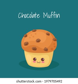 Kawaii cartoon Muffin with chocolate chip character. Smiling face emoji. Cute happy cupcake mascot vector illustration isolated on dark green background. Cute fast food for children menu design.