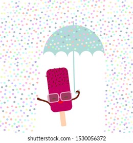 Kawaii cartoon pink ice cream with sunglasses. Ice lolly holding an blue umbrella, pastel colors on white sprinkles rain background. greeting card design, text, fashion baby print. Vector