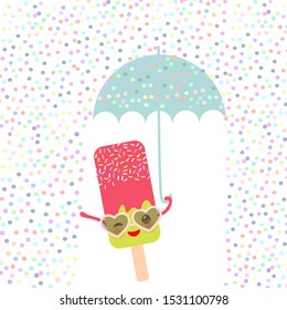 Kawaii cartoon pink ice cream with sunglasses and eyes, ice lolly holding an blue umbrella, pastel colors on white sprinkles rain background. greeting card design, text, fashion baby print. Vector