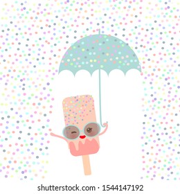 Kawaii cartoon pink ice cream with sunglasses and eyes, ice lolly holding an blue umbrella, pastel colors on white sprinkles rain background. greeting card design, text, fashion baby print. Vector