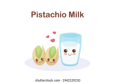 Kawaii Cartoon Pistachio Nuts and Glass of Milk vector illustration isolated on white background. Funny smiling food characters. Healthy vegan ingredient. Nut milk. Kids menu elements, t-shirt print.